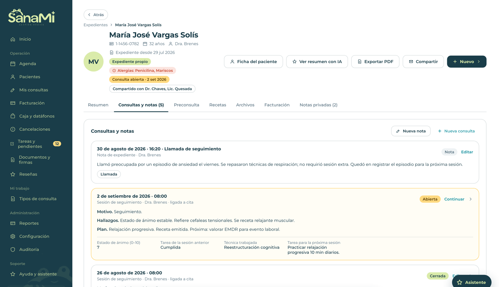 La pestaña de consultas y notas de un expediente: una llamada de seguimiento registrada como nota, una sesión marcada como abierta con motivo, hallazgos y plan, y sus campos propios de estado de ánimo, técnica trabajada y tarea para la próxima sesión.
